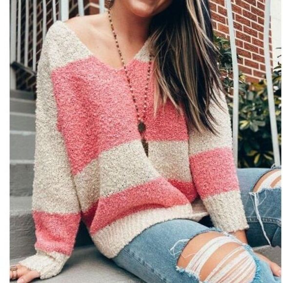 NWT DEAR JOHN V-Neck Relaxed Sweater Pink Tan Striped Size XL - Picture 1 of 3
